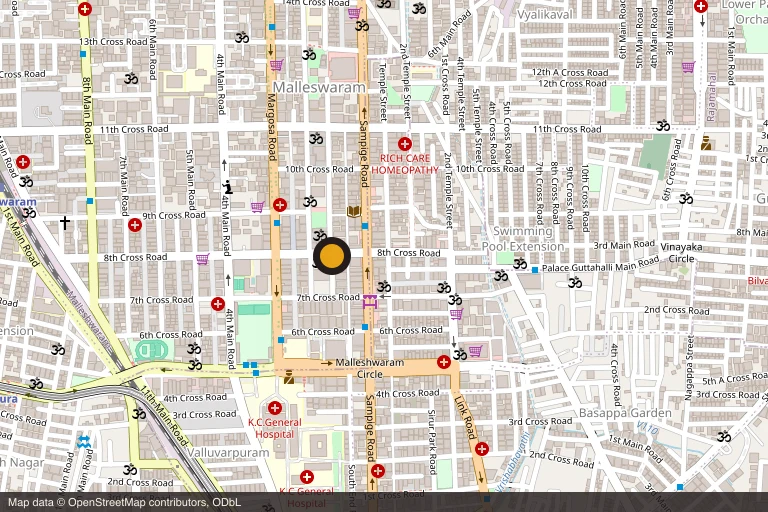 Street map of Malleswaram, Bengaluru, with the shop marked on 8th Cross between Sampige Road and Margosa Road.