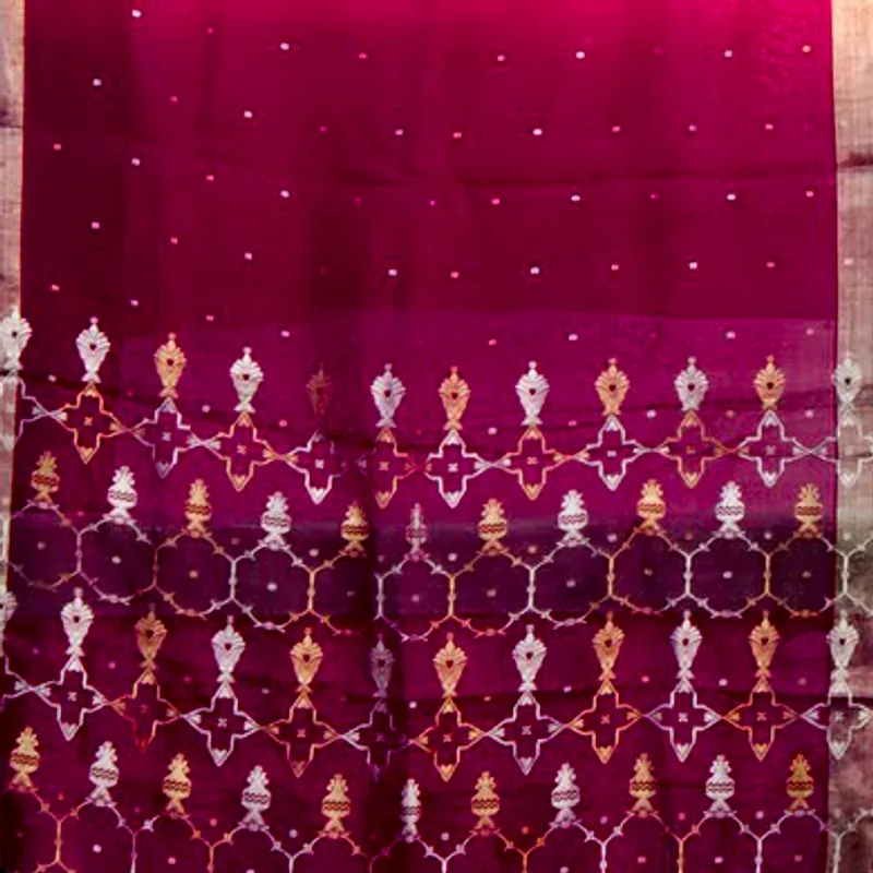 Chanderi silk-cotton in magenta, scattered with small gold butis above a woven gold border.